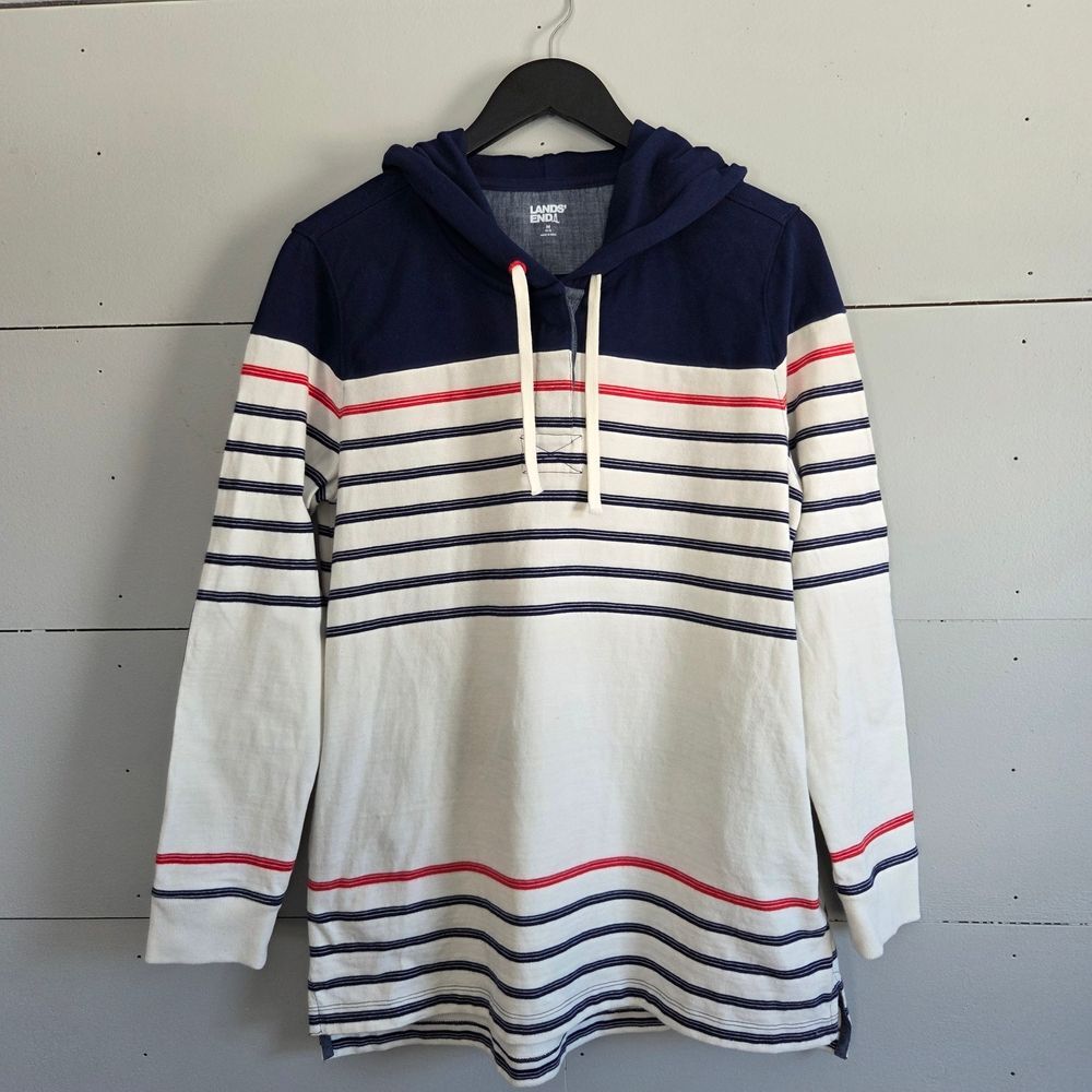 Lands' End Womens M 10-12 Pullover Hoodie Striped Navy Red Elbow Patch Nautical
